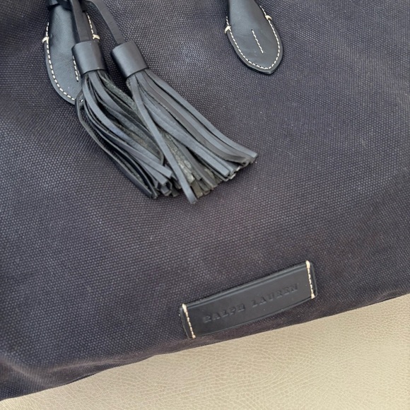 Ralph Lauren Black Leather Handle Tassel Charm Large Canvas Tote Bag - Picture 4 of 9